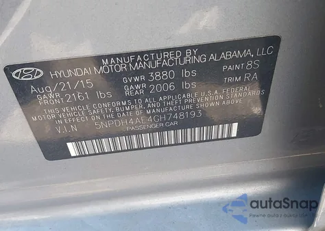 2016 Hyundai Elantra Se z USA, uszkodzony, nr VIN 5NPDH4AE4GH748193